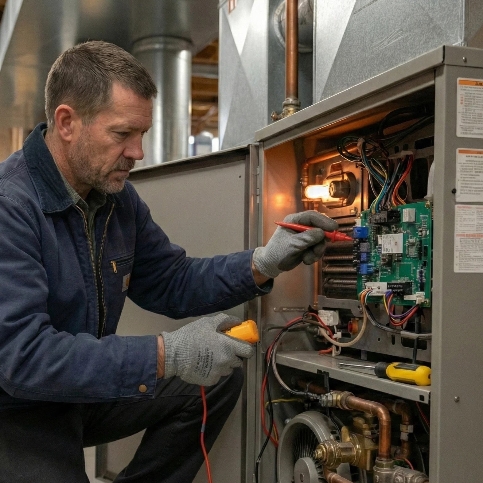 Air Dynamics of Tulsa technician performing a safety inspection during a furnace tune-up.